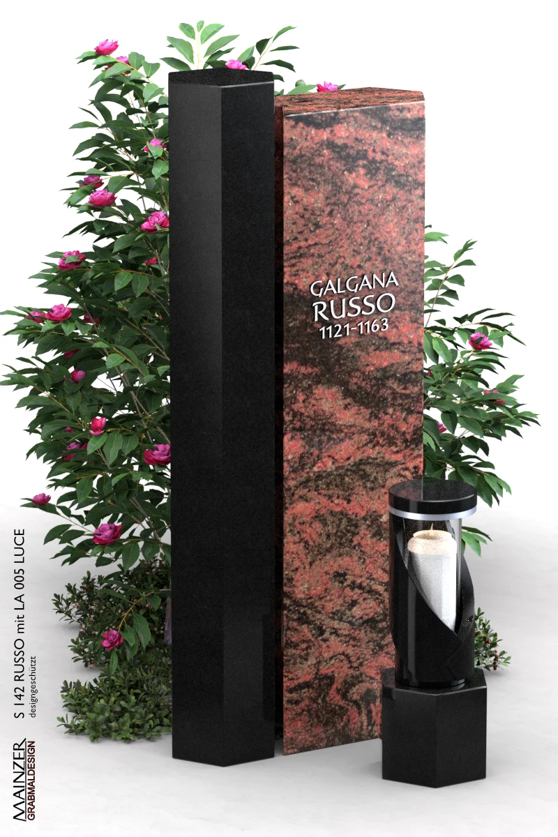 Visualisierung der Grabstel S 142 RUSSO mit der Laterne LA 005 LUCE.