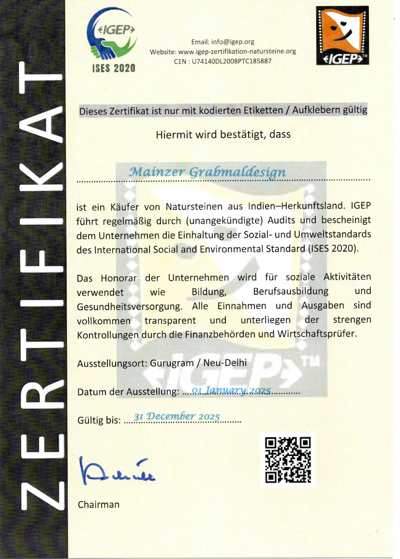 Zertifikat der Organisation IPEG