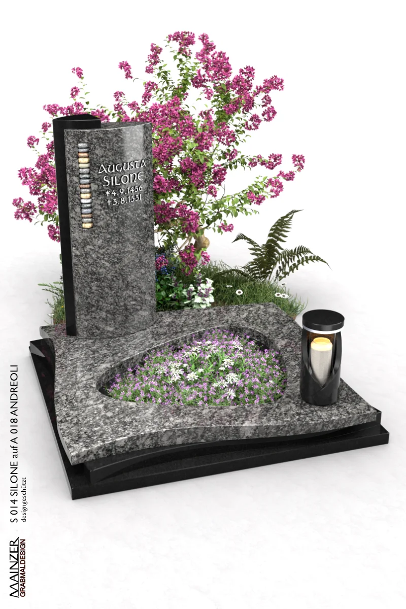 Visualisierung einer Urnengrabanlage, bestehend aus der Urnengrabplatte A 018 ANDREOLI und der Grabstele S 014 SILONE.