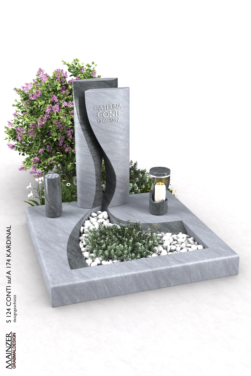 Visualisierung einer Urnengrabanlage, bestehend aus der Urnengrabplatte A 147 KARDINAL und der Grabstele S 124 CONTI,