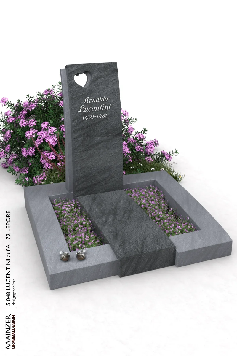 Visualisierung einer Urnengrabanlage, bestehend aus der Urnengrabplatte A 172 LEPORE und der Grabstele S 048 LUCENTINI.
