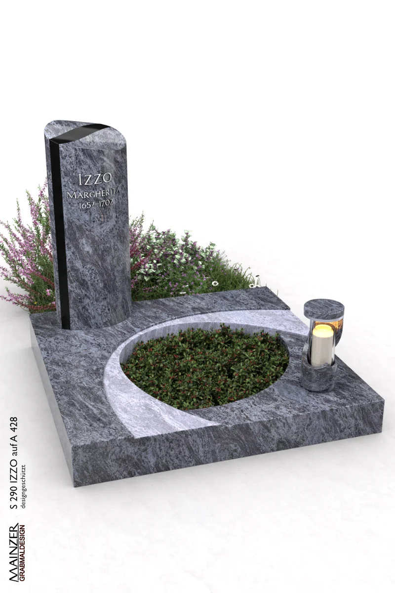 Visualisierung einer Urnengrabanlage, bestehend aus der Urnengrabplatte A 428 und der Stele S 290 IZZO.