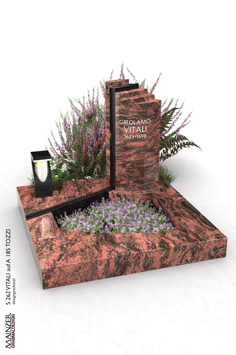 Visualisierung einer Urnengrabanlag, bestehend aus der Urnengrabplatte A 185 TOZZI und der Grebstele S 262 VITALI.