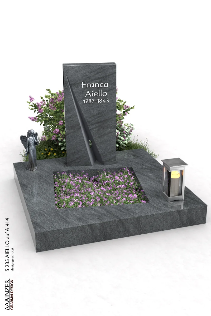 Visualisierung einer Urnengrabanlage, bestehend aus der Urnengrabplatte A 414 und der Grabstele S 235 AIELLO.