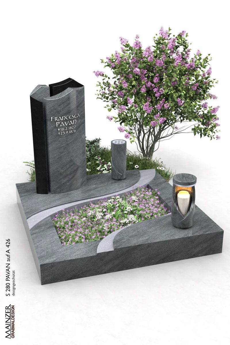 Visualisierung einer Urnengrabanlage, bestehend aus der Urnengrabplatte A 426 und der Grabstele S 280 PAVAN.