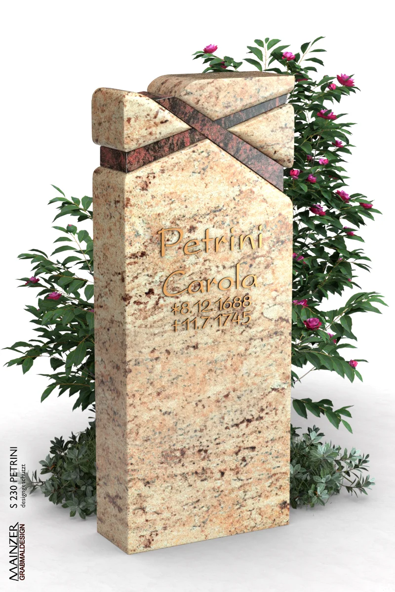 Visualisierung der Grabstele S 260 PETRINI in der Materialkombination Indian Aurora und Shivakashi.